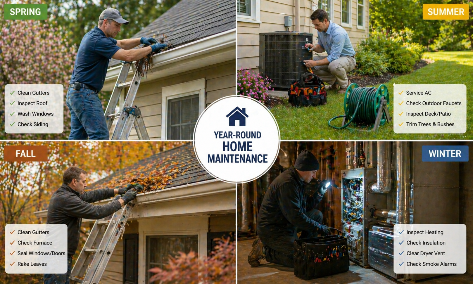 Home maintenance checklist for every season showing seasonal property care tasks throughout the year